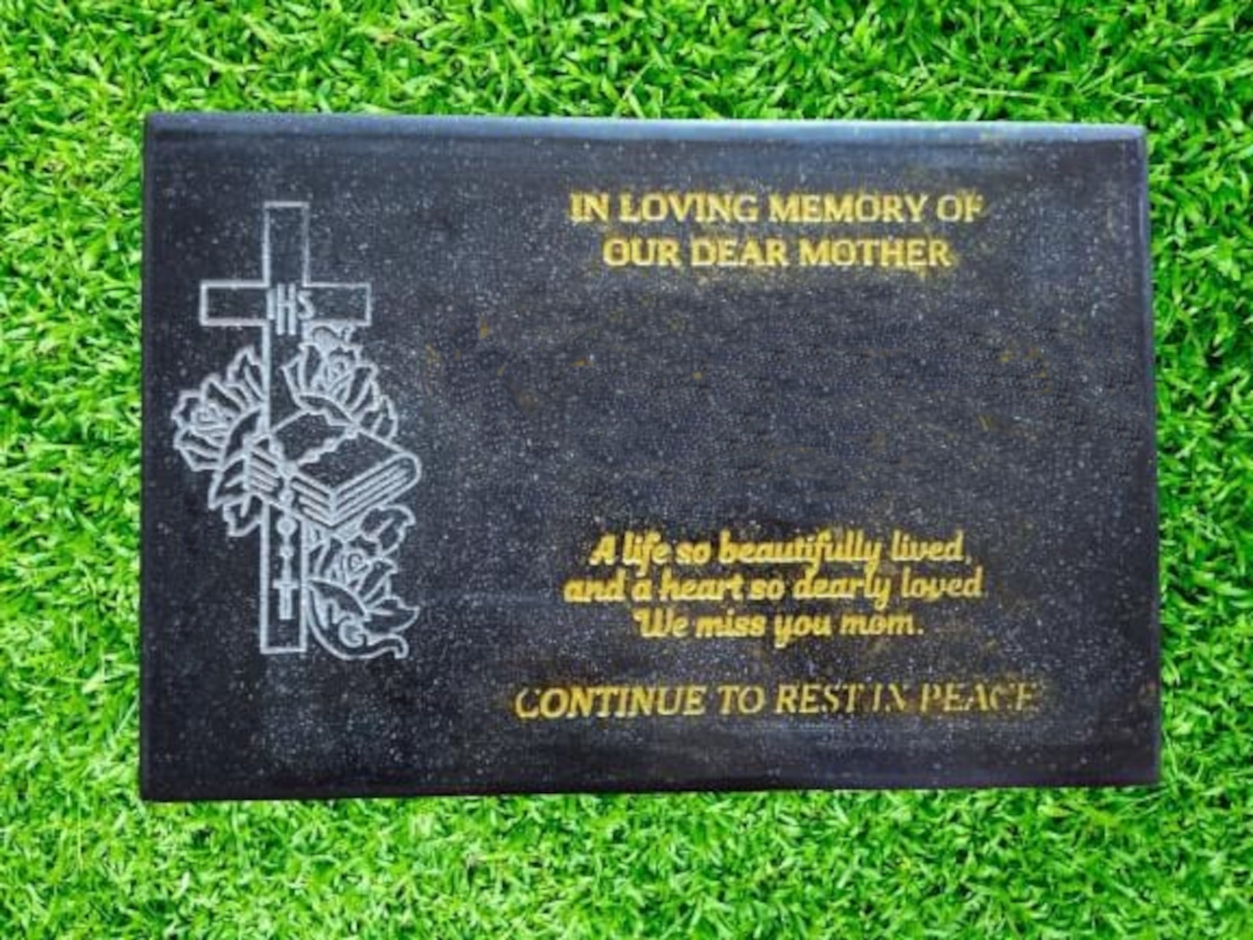 Engraved personalised rosary black marble memorial Grave plaque STN01